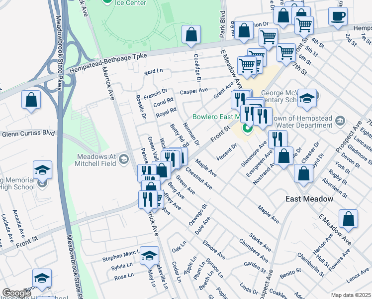 map of restaurants, bars, coffee shops, grocery stores, and more near 196 Norman Drive in East Meadow