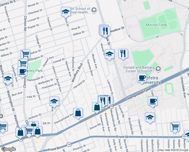 map of restaurants, bars, coffee shops, grocery stores, and more near 177 Fairview Boulevard in Hempstead
