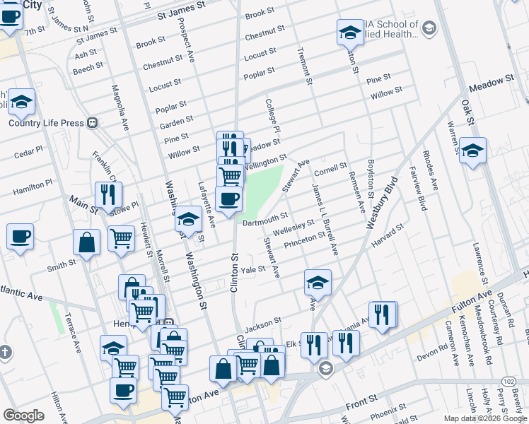 map of restaurants, bars, coffee shops, grocery stores, and more near 131 Stewart Avenue in Hempstead