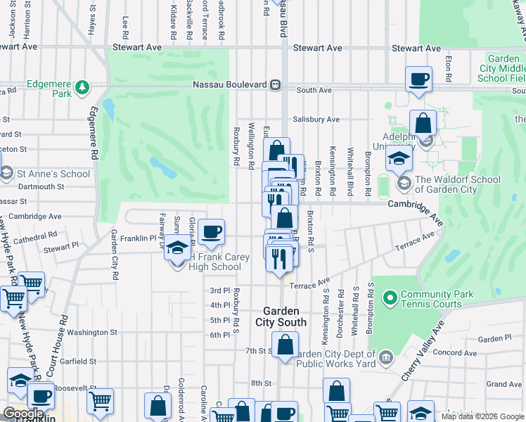 map of restaurants, bars, coffee shops, grocery stores, and more near 106 Cambridge Avenue in Garden City
