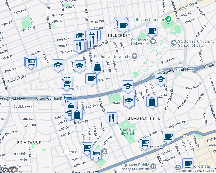 map of restaurants, bars, coffee shops, grocery stores, and more near 82-74 165th Street in Queens