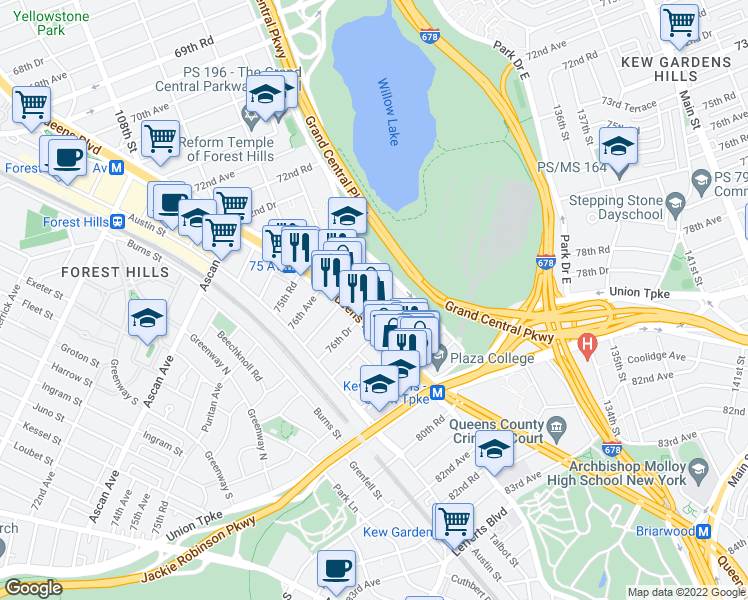 map of restaurants, bars, coffee shops, grocery stores, and more near 76-30 Grand Central Parkway in Queens