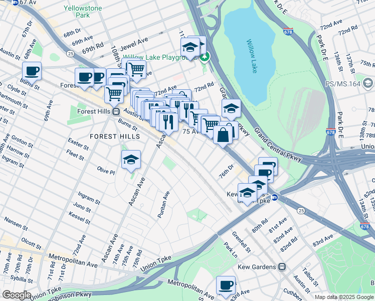 map of restaurants, bars, coffee shops, grocery stores, and more near 76-44 Austin Street in Queens