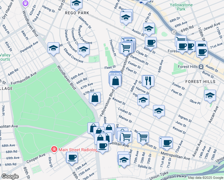 map of restaurants, bars, coffee shops, grocery stores, and more near 7307 Yellowstone Boulevard in Queens