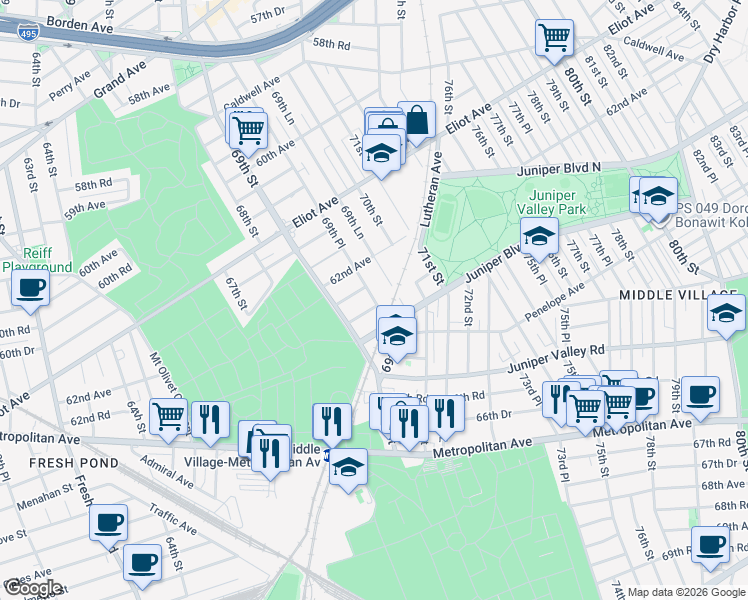 map of restaurants, bars, coffee shops, grocery stores, and more near 62-35 69th Place in Queens