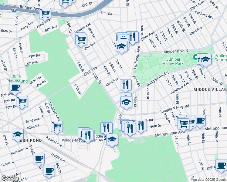 map of restaurants, bars, coffee shops, grocery stores, and more near 69-19 62nd Road in Queens