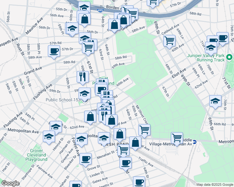 map of restaurants, bars, coffee shops, grocery stores, and more near 62-47 60th Avenue in Queens