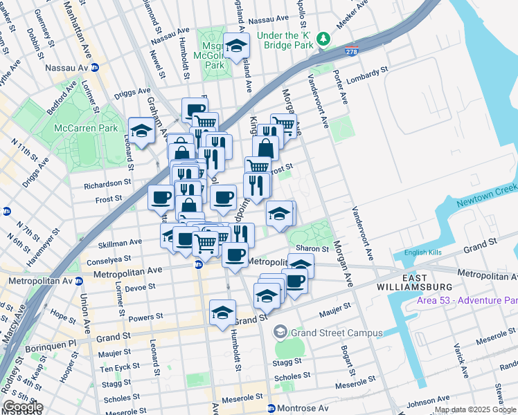 map of restaurants, bars, coffee shops, grocery stores, and more near in Brooklyn
