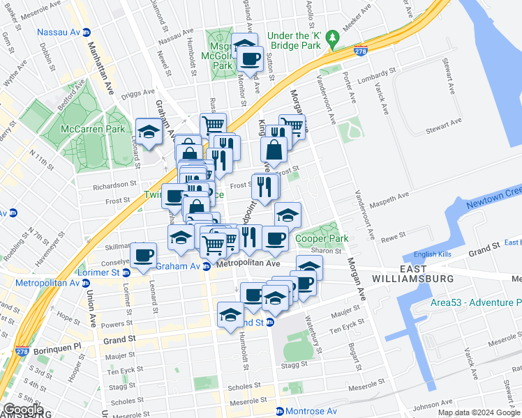 map of restaurants, bars, coffee shops, grocery stores, and more near in Brooklyn
