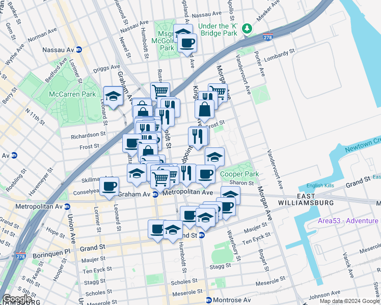 map of restaurants, bars, coffee shops, grocery stores, and more near in Brooklyn
