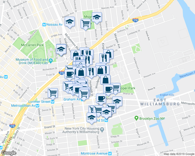 map of restaurants, bars, coffee shops, grocery stores, and more near 222 Withers Street in Brooklyn