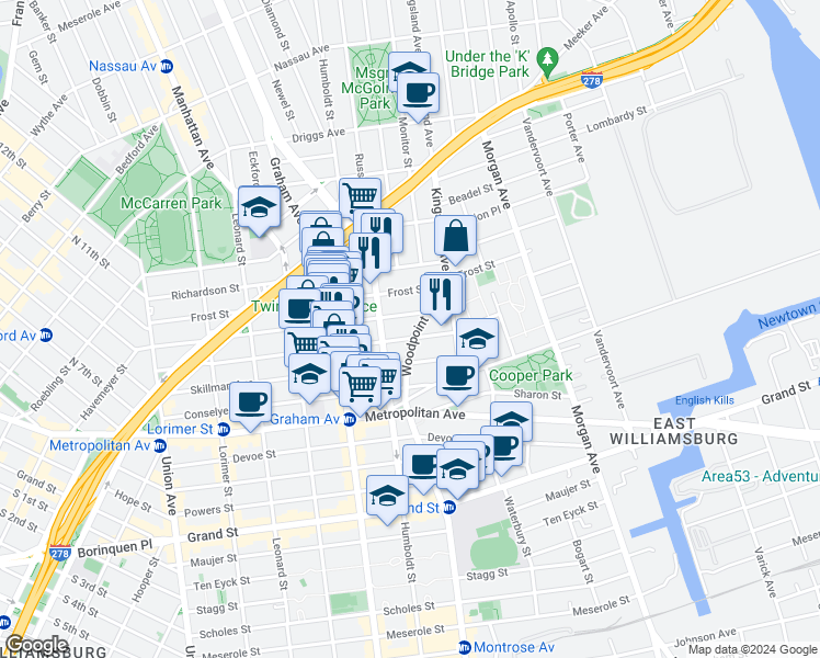 map of restaurants, bars, coffee shops, grocery stores, and more near 222 Withers Street in Brooklyn