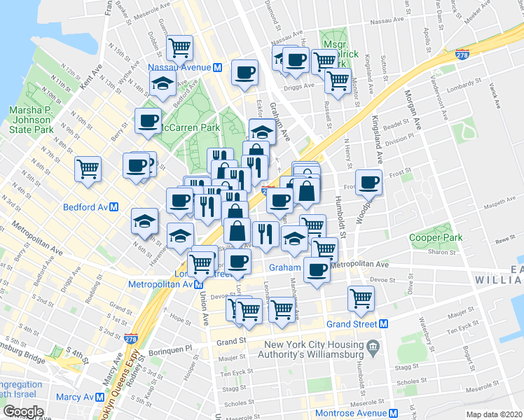 map of restaurants, bars, coffee shops, grocery stores, and more near 282 Meeker Avenue in Brooklyn