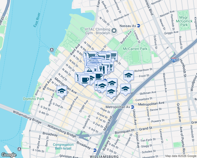 map of restaurants, bars, coffee shops, grocery stores, and more near 155 North 7th Street in Brooklyn