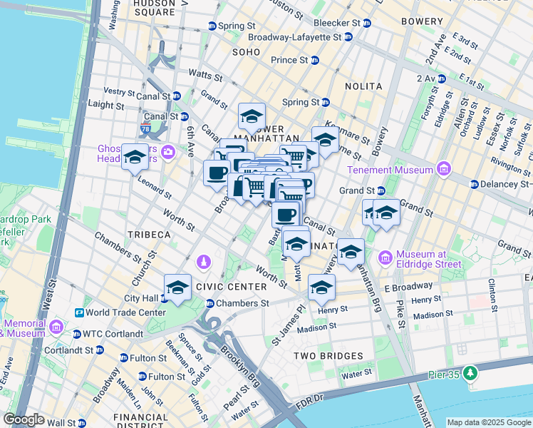 map of restaurants, bars, coffee shops, grocery stores, and more near 99 Lafayette Street in New York