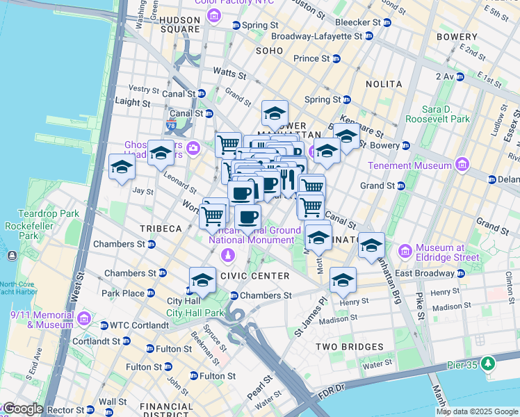 map of restaurants, bars, coffee shops, grocery stores, and more near 381 Broadway in New York