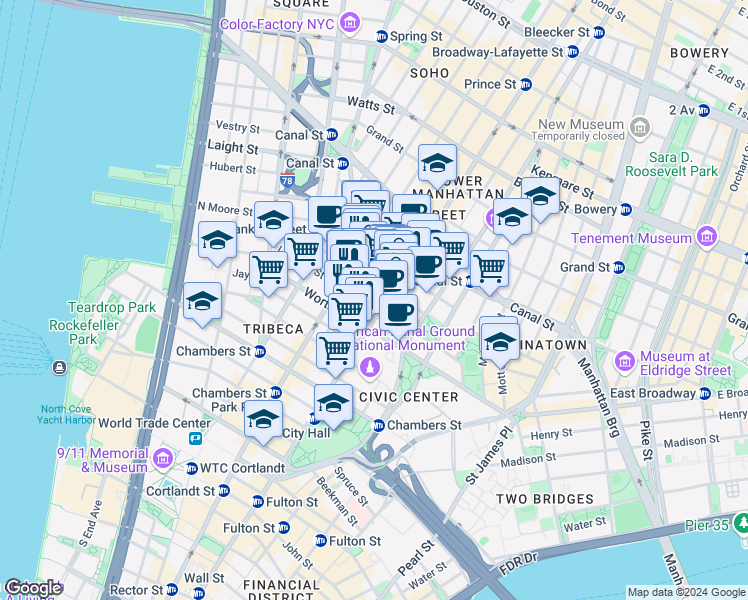 map of restaurants, bars, coffee shops, grocery stores, and more near 51-53 White Street in New York