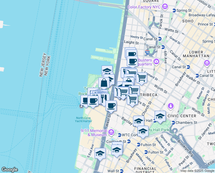 map of restaurants, bars, coffee shops, grocery stores, and more near 455 North End Avenue in New York