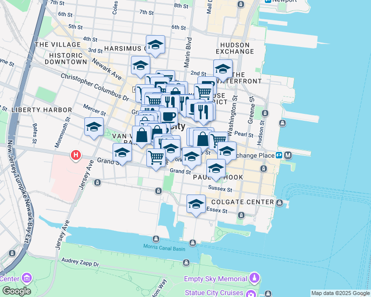 map of restaurants, bars, coffee shops, grocery stores, and more near 201 Montgomery Street in Jersey City