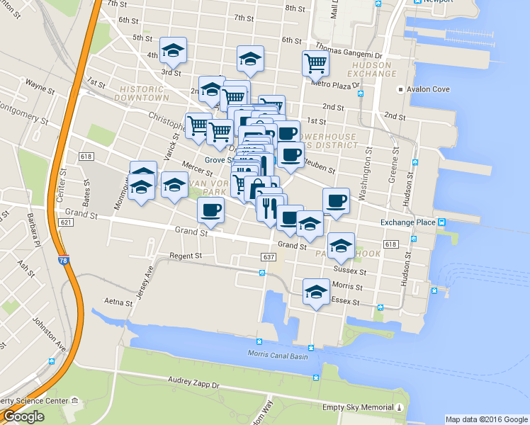 map of restaurants, bars, coffee shops, grocery stores, and more near 2 Mercer Street in Jersey City
