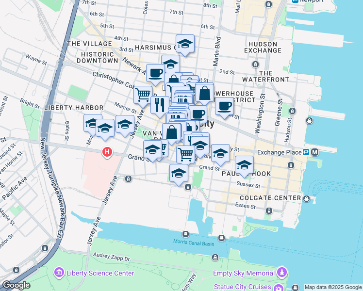 map of restaurants, bars, coffee shops, grocery stores, and more near 215 Montgomery Street in Jersey City