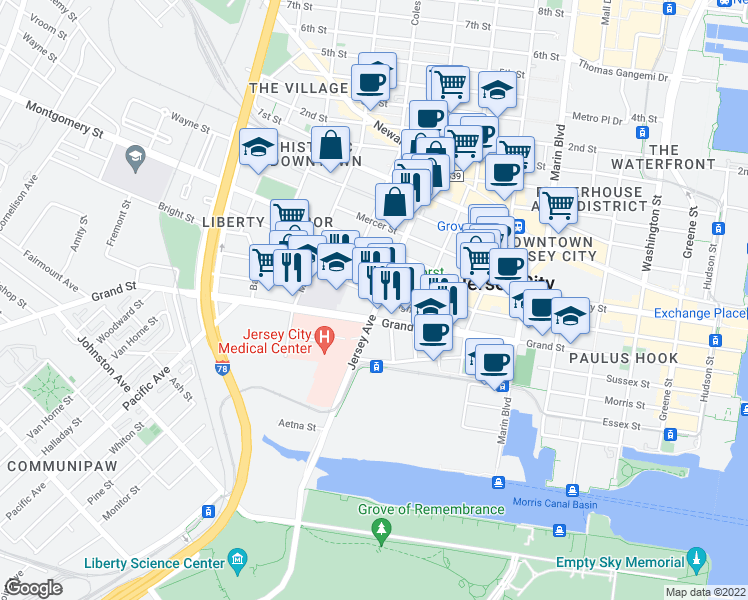 map of restaurants, bars, coffee shops, grocery stores, and more near 441 Jersey Avenue in Jersey City