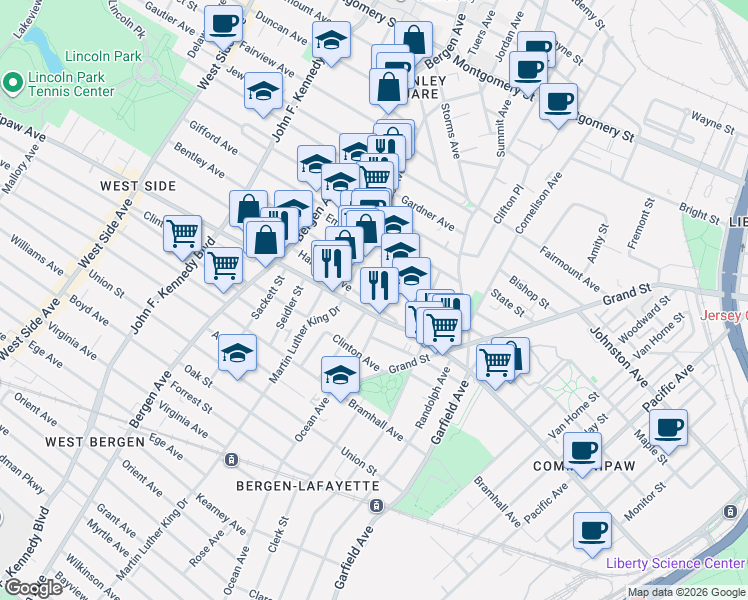 map of restaurants, bars, coffee shops, grocery stores, and more near 52 Harrison Avenue in Jersey City