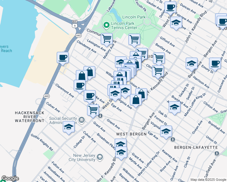 map of restaurants, bars, coffee shops, grocery stores, and more near 475 West Side Avenue in Jersey City