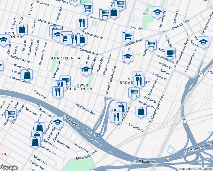 map of restaurants, bars, coffee shops, grocery stores, and more near 172 Ridgewood Avenue in Newark
