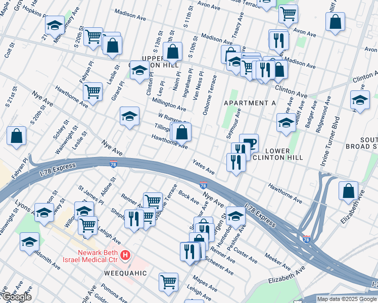 map of restaurants, bars, coffee shops, grocery stores, and more near 147 Osborne Terrace in Newark