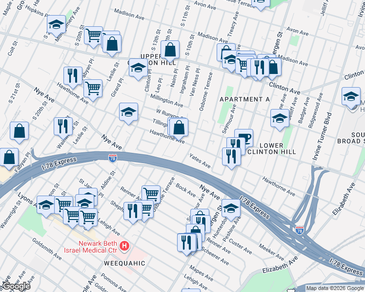 map of restaurants, bars, coffee shops, grocery stores, and more near 344 Hawthorne Avenue in Newark
