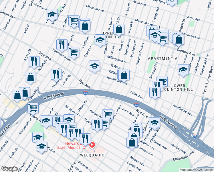 map of restaurants, bars, coffee shops, grocery stores, and more near 24 Patten Place in Newark