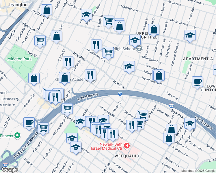 map of restaurants, bars, coffee shops, grocery stores, and more near 44 Hobson Street in Newark