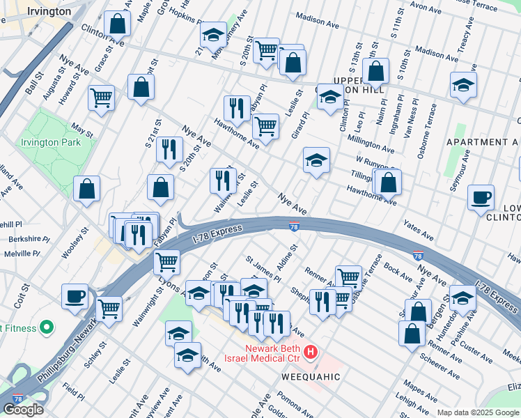 map of restaurants, bars, coffee shops, grocery stores, and more near 44 Hobson Street in Newark