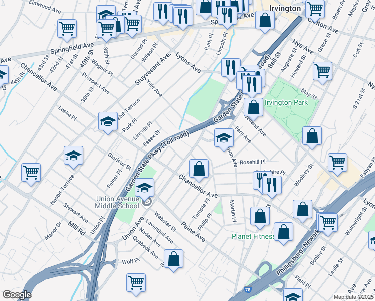 map of restaurants, bars, coffee shops, grocery stores, and more near 311 Union Avenue in Irvington
