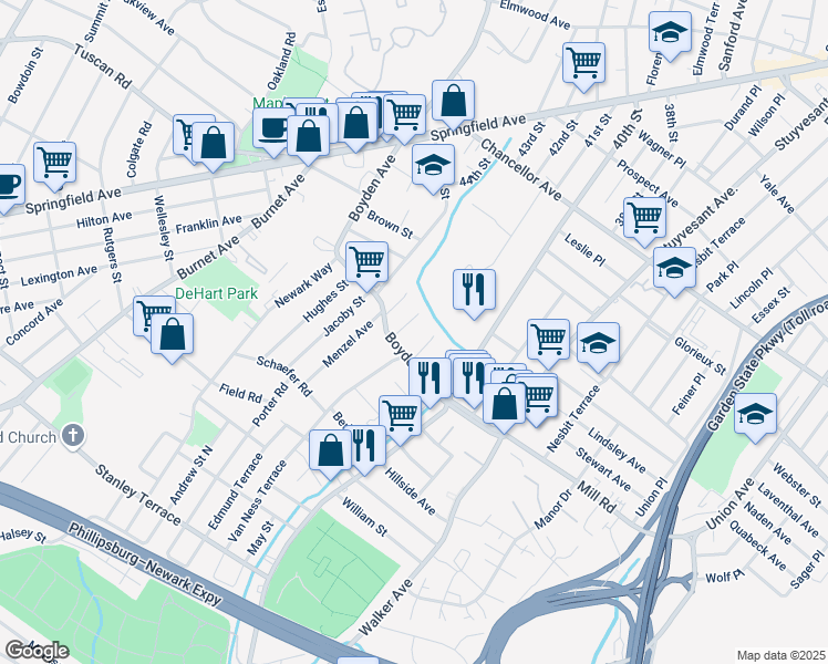 map of restaurants, bars, coffee shops, grocery stores, and more near 13 Nelson Place in Maplewood