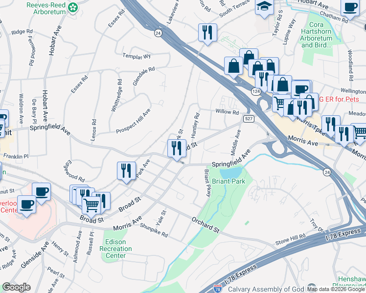 map of restaurants, bars, coffee shops, grocery stores, and more near 13 Clark Street in Summit