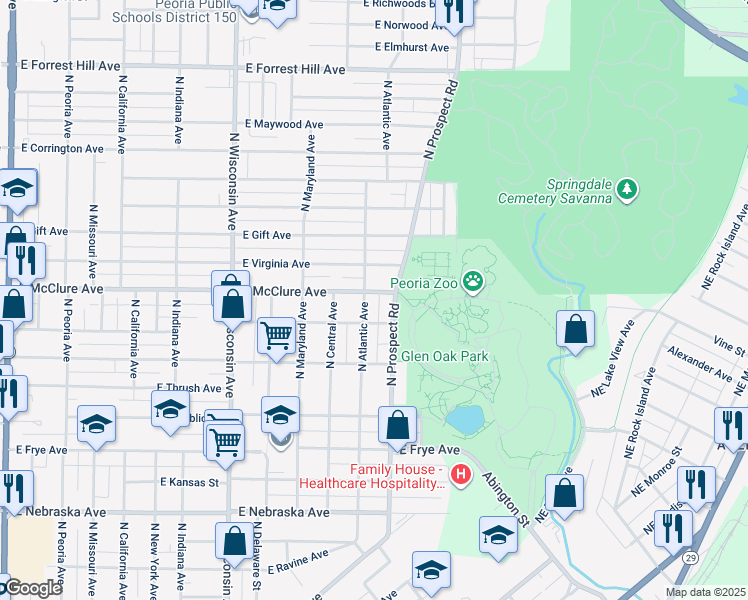 map of restaurants, bars, coffee shops, grocery stores, and more near 2421 North Atlantic Avenue in Peoria