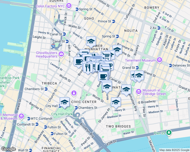 map of restaurants, bars, coffee shops, grocery stores, and more near 137 Centre Street in New York