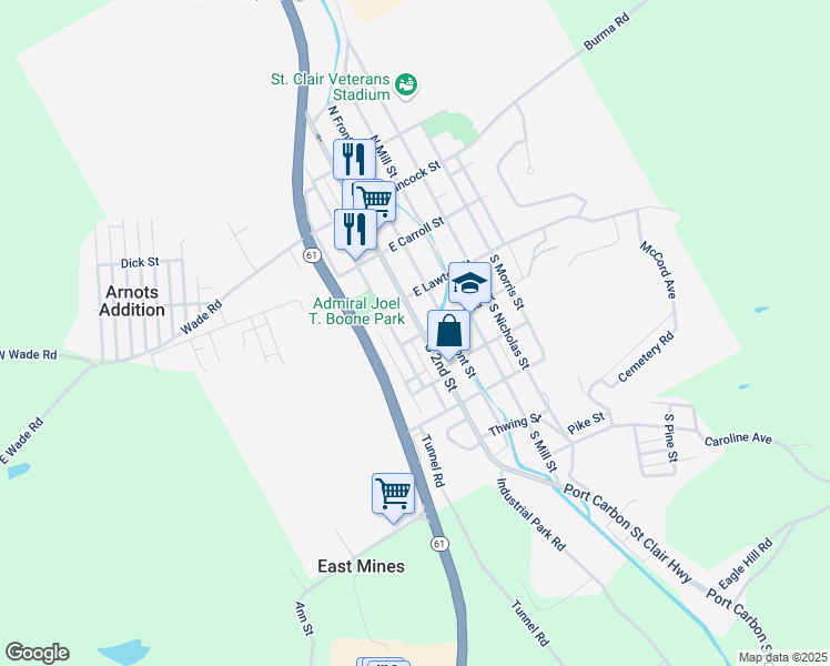 map of restaurants, bars, coffee shops, grocery stores, and more near 140 South 2nd Street in Saint Clair