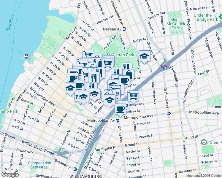 map of restaurants, bars, coffee shops, grocery stores, and more near 250 North 10th Street in Brooklyn