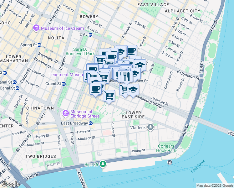 map of restaurants, bars, coffee shops, grocery stores, and more near 145 Clinton Street in New York