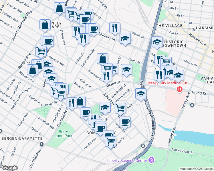map of restaurants, bars, coffee shops, grocery stores, and more near 590 Grand Street in Jersey City