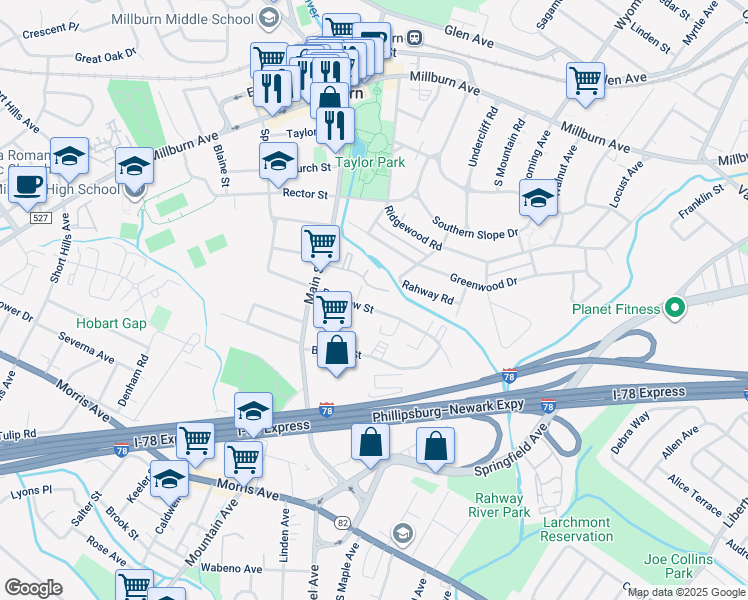 map of restaurants, bars, coffee shops, grocery stores, and more near 23 East Willow Street in Essex County