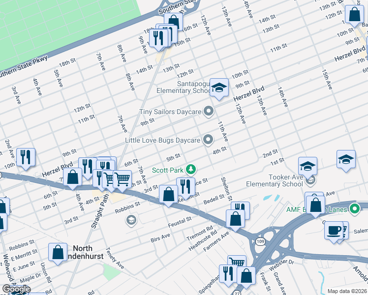 map of restaurants, bars, coffee shops, grocery stores, and more near 840 6th Street in West Babylon