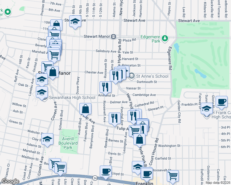 map of restaurants, bars, coffee shops, grocery stores, and more near 10 Plattsdale Road in Garden City