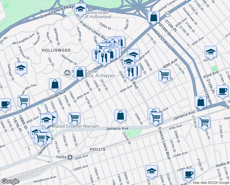 map of restaurants, bars, coffee shops, grocery stores, and more near 89-50 204th Street in Queens