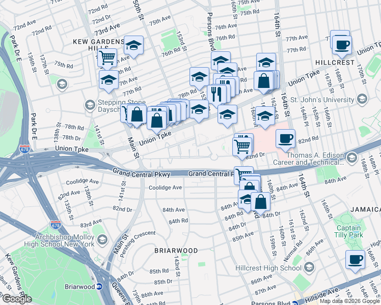 map of restaurants, bars, coffee shops, grocery stores, and more near 26 150th Street in Queens
