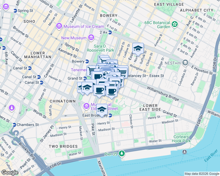 map of restaurants, bars, coffee shops, grocery stores, and more near 72 Orchard Street in New York