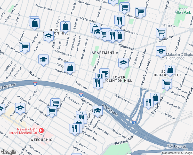 map of restaurants, bars, coffee shops, grocery stores, and more near 186 West Runyon Street in Newark